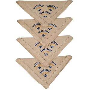 Vintage Hand Embroidered Linen Cocktail Napkins Set of 4 Floral Hemstitched